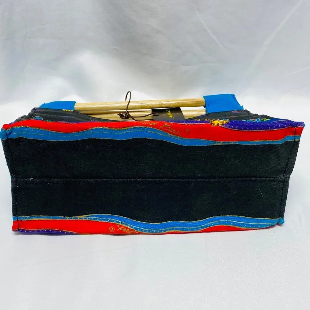 Laurel Burch Small Canvas Art Tote Bag With Blue Wooden Handles Horse Print